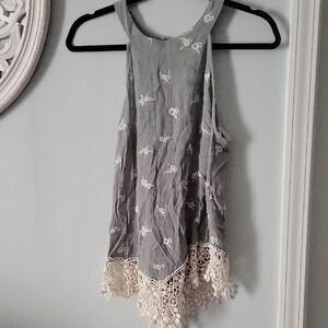 Kaileigh Green  Embroidered Tank Top with Lace Hem